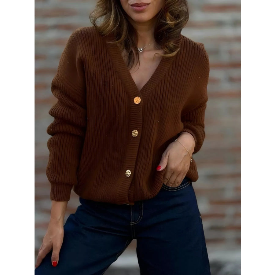 Full Size V-Neck Button-Up Knit Cardigan Plus Size Dark Brown / S Apparel and Accessories