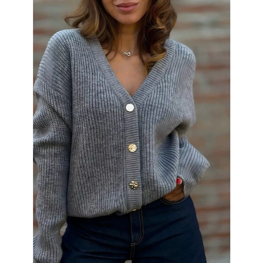 Full Size V-Neck Button-Up Knit Cardigan Plus Size Dark Gray / S Apparel and Accessories