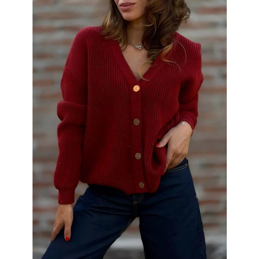 Full Size V-Neck Button-Up Knit Cardigan Plus Size Deep Red / S Apparel and Accessories
