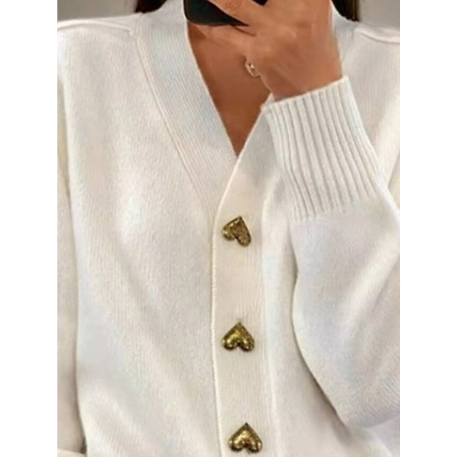 Full Size V-Neck Cardigan with Gold Heart-Shaped Buttons Plus Apparel and Accessories