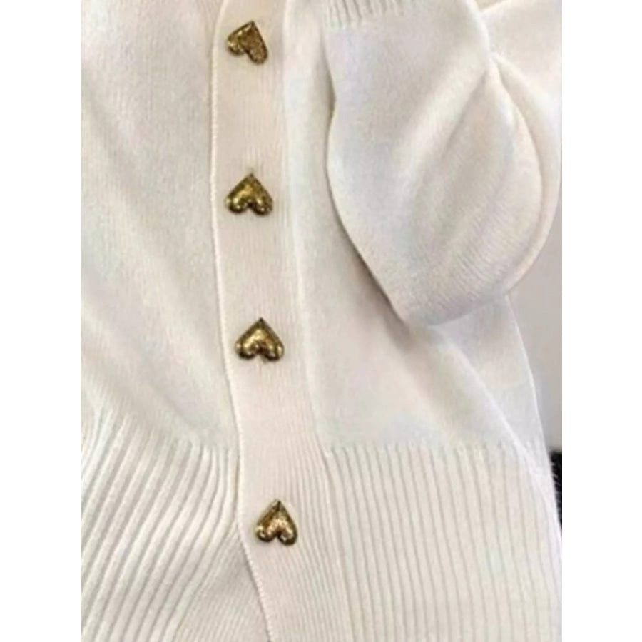 Full Size V-Neck Cardigan with Gold Heart-Shaped Buttons Plus Apparel and Accessories