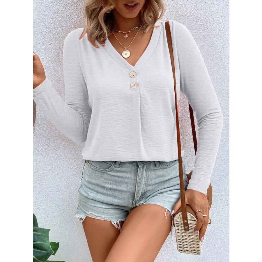 Full Size V-Neck Decor Button Long Sleeve T-Shirt Plus Size Apparel and Accessories