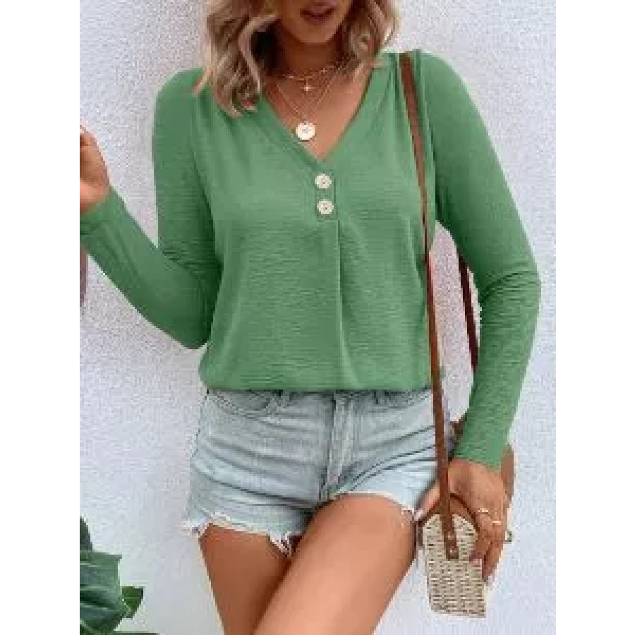 Full Size V-Neck Decor Button Long Sleeve T-Shirt Plus Size Apparel and Accessories