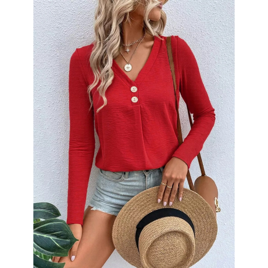 Full Size V-Neck Decor Button Long Sleeve T-Shirt Plus Size Apparel and Accessories
