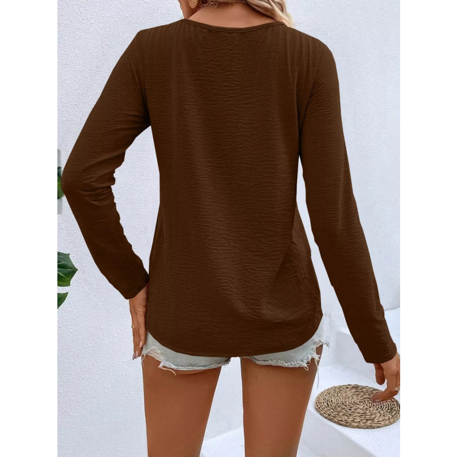 Full Size V-Neck Decor Button Long Sleeve T-Shirt Plus Size Apparel and Accessories