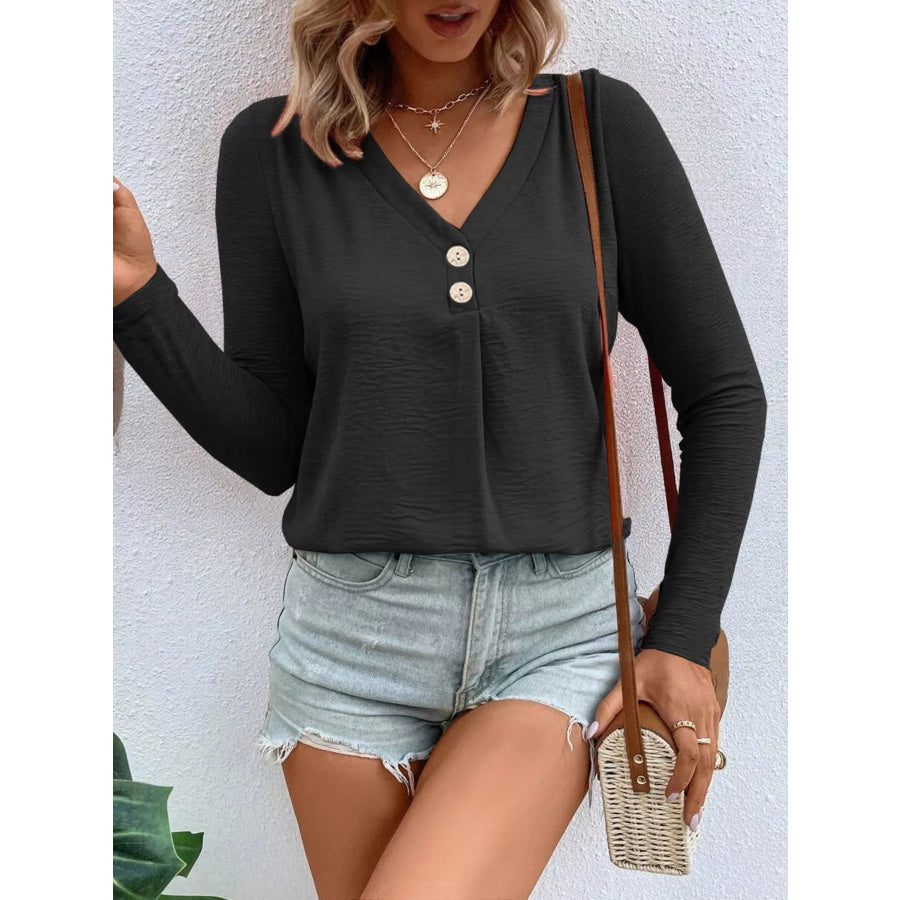 Full Size V-Neck Decor Button Long Sleeve T-Shirt Plus Size Apparel and Accessories