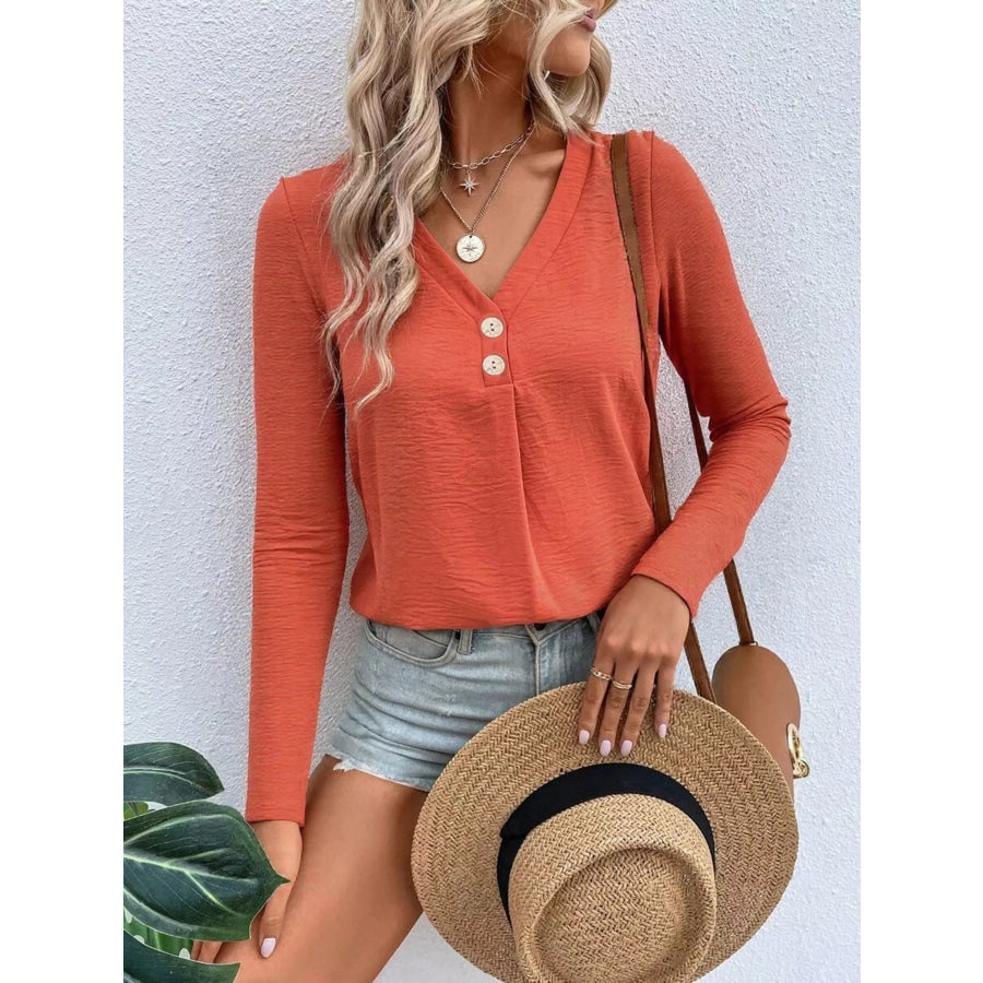 Full Size V-Neck Decor Button Long Sleeve T-Shirt Plus Size Apparel and Accessories