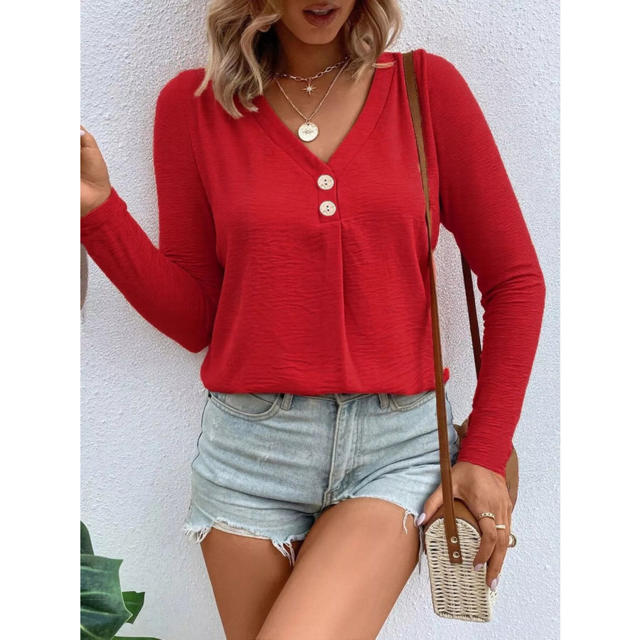 Full Size V-Neck Decor Button Long Sleeve T-Shirt Plus Size Red / S Apparel and Accessories