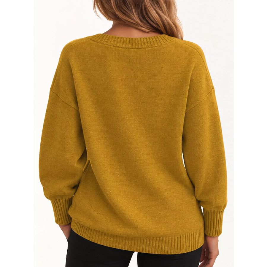 Full Size V-Neck Dropped Shoulder Sweater Plus Apparel and Accessories