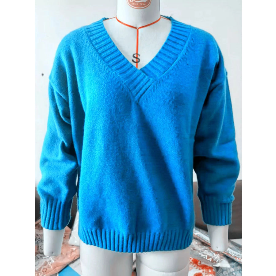 Full Size V-Neck Dropped Shoulder Sweater Plus Apparel and Accessories