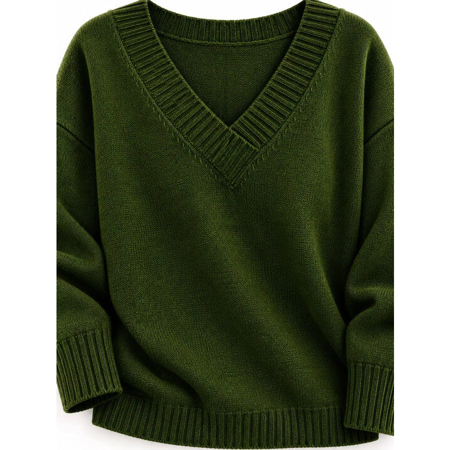 Full Size V-Neck Dropped Shoulder Sweater Plus Apparel and Accessories