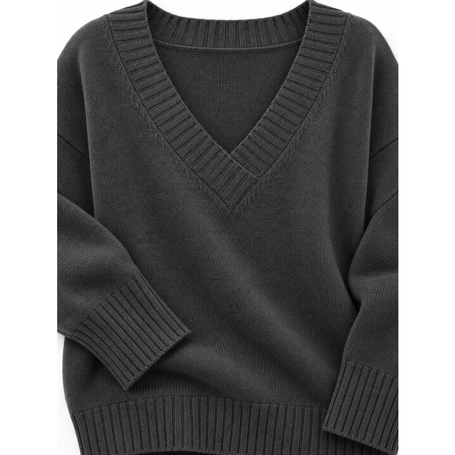 Full Size V-Neck Dropped Shoulder Sweater Plus Apparel and Accessories