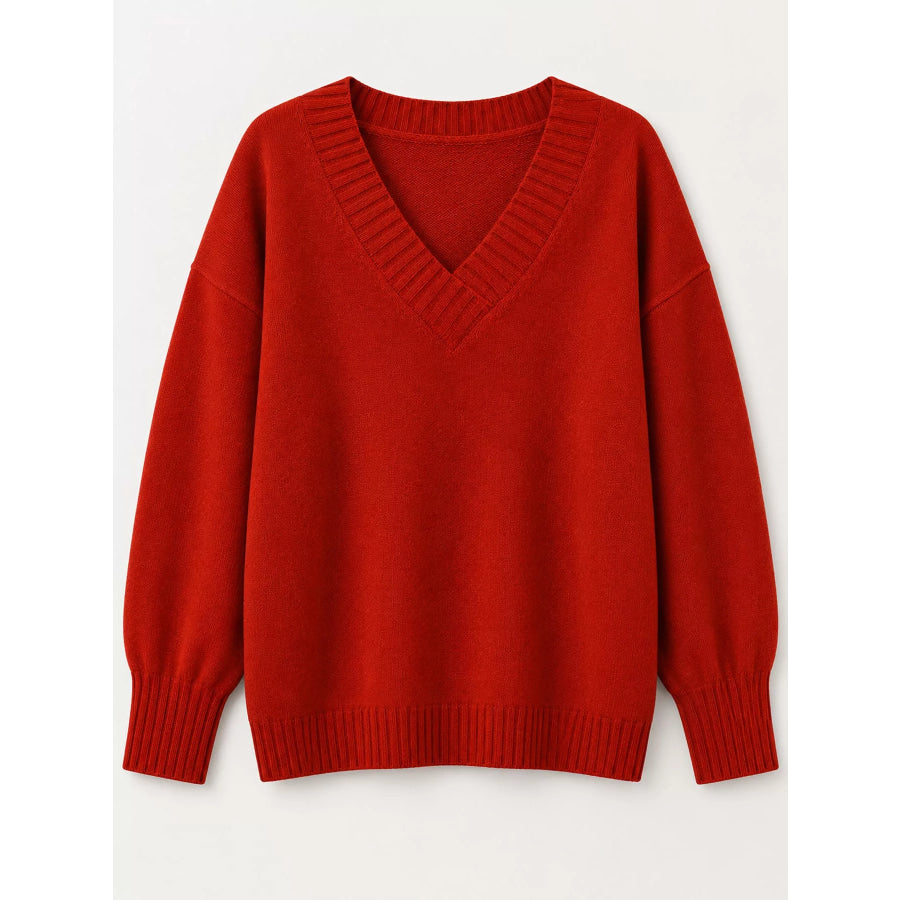 Full Size V-Neck Dropped Shoulder Sweater Plus Apparel and Accessories