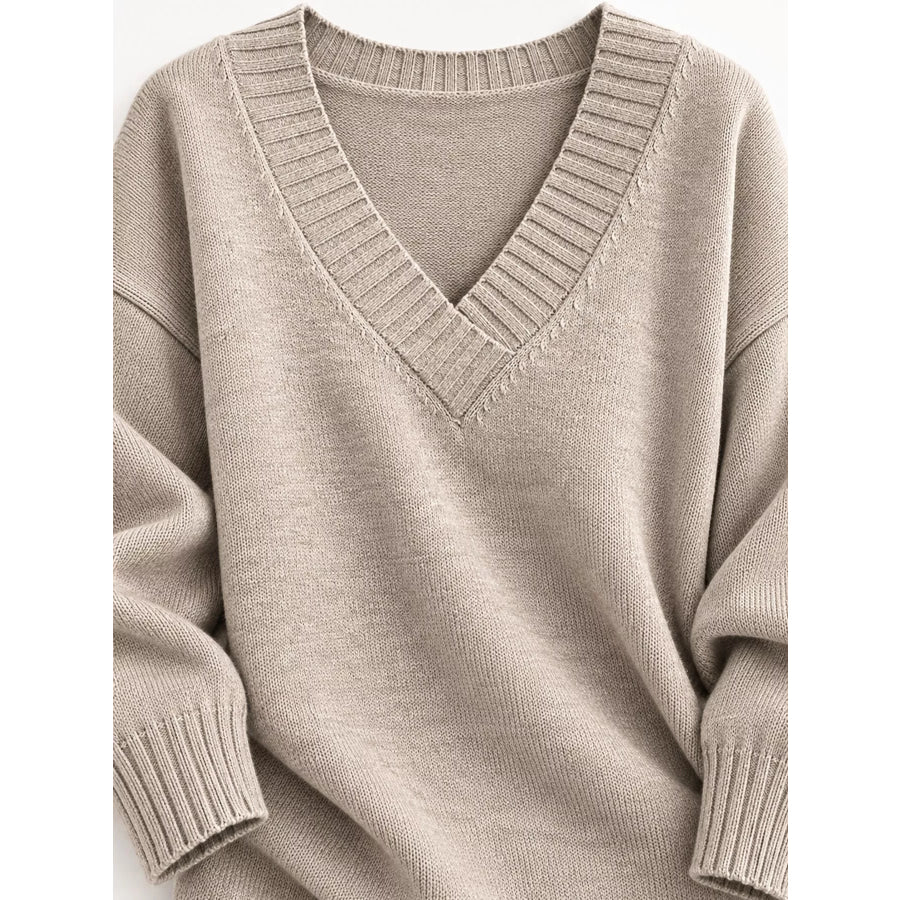 Full Size V-Neck Dropped Shoulder Sweater Plus Apparel and Accessories