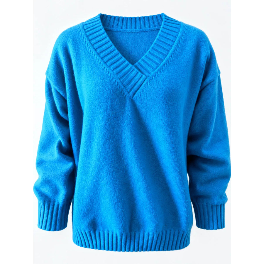 Full Size V-Neck Dropped Shoulder Sweater Plus Apparel and Accessories