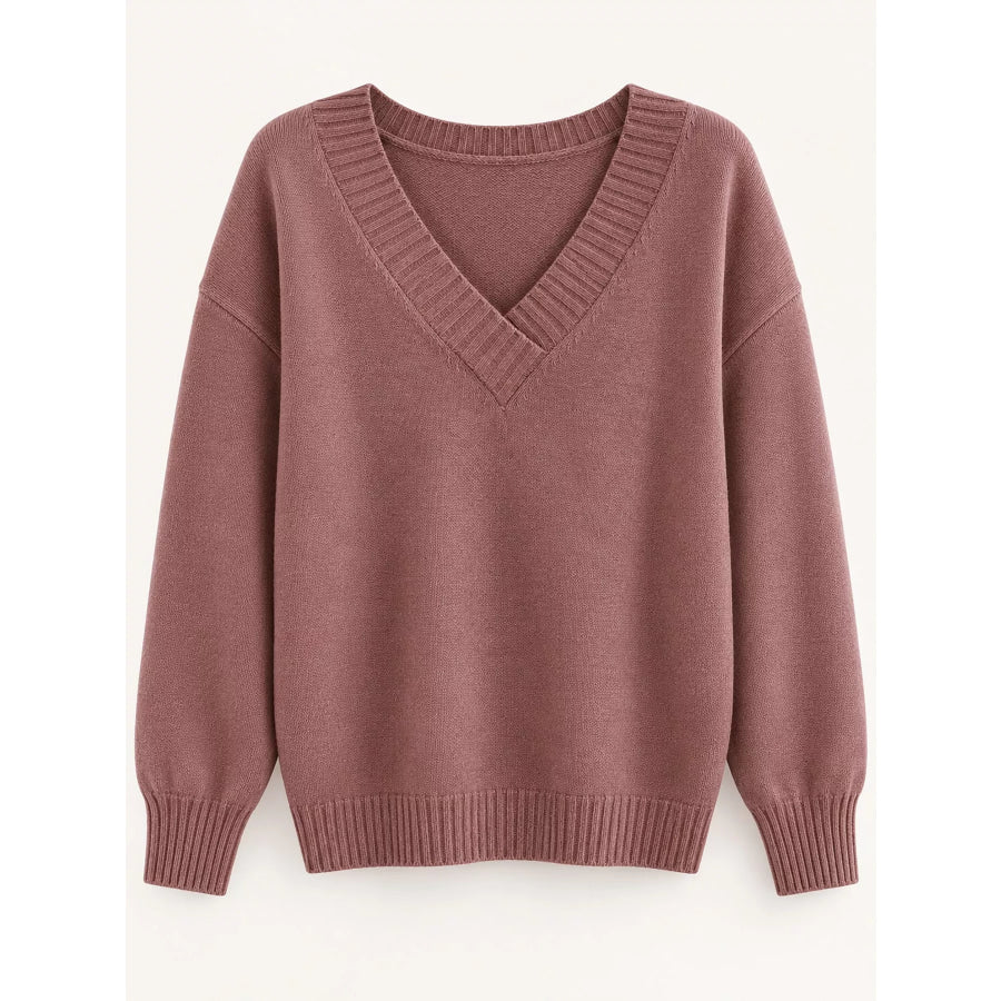 Full Size V-Neck Dropped Shoulder Sweater Plus Apparel and Accessories