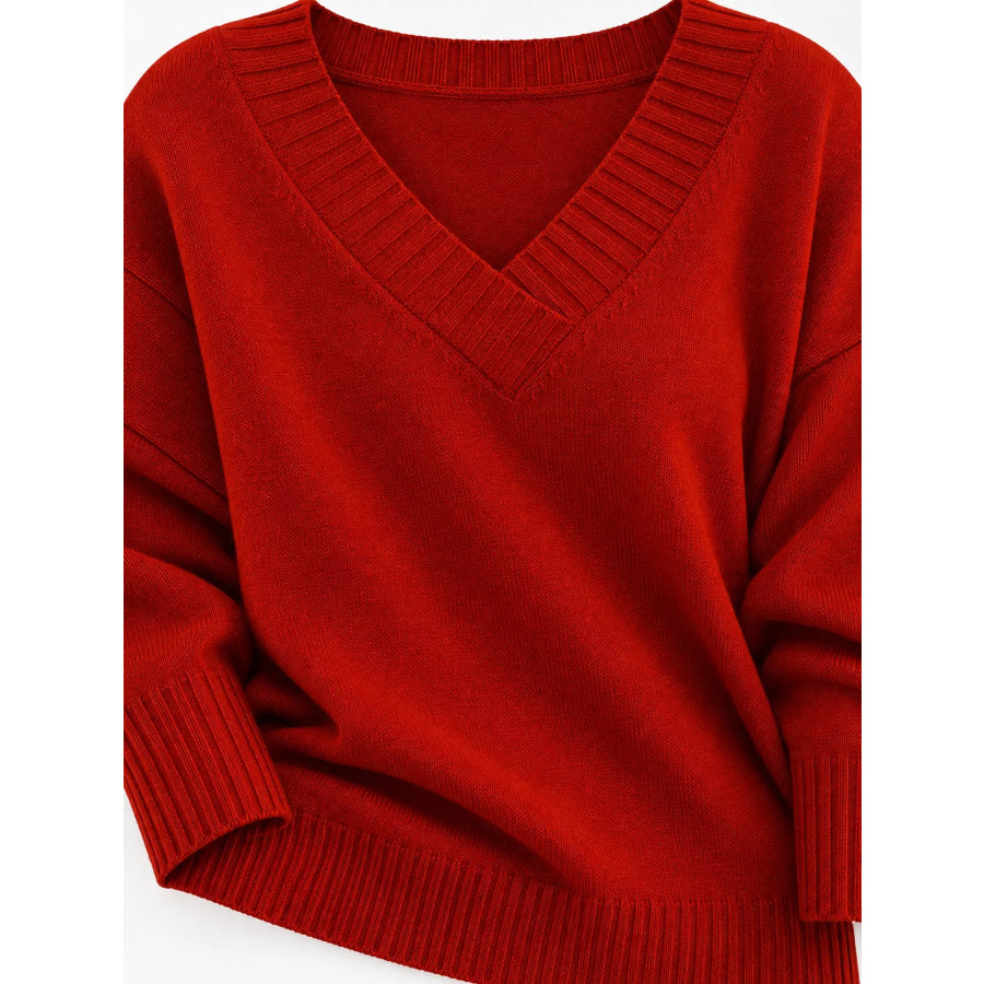 Full Size V-Neck Dropped Shoulder Sweater Plus Apparel and Accessories