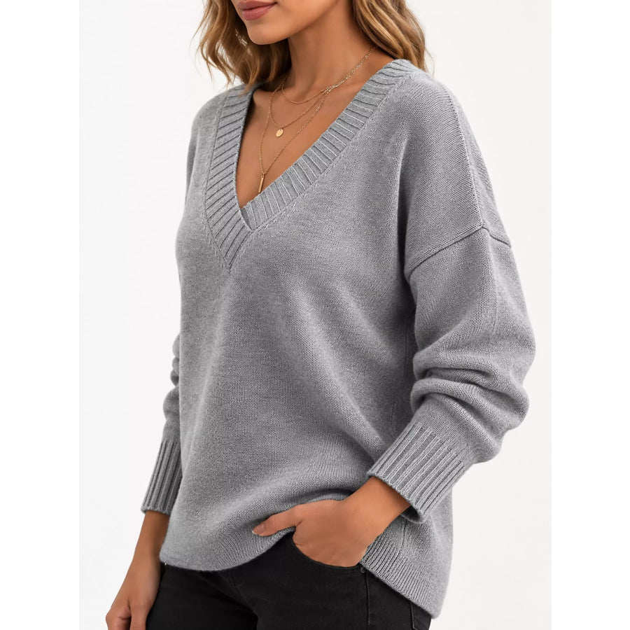 Full Size V-Neck Dropped Shoulder Sweater Plus Apparel and Accessories