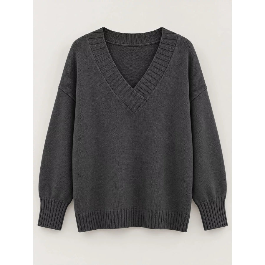 Full Size V-Neck Dropped Shoulder Sweater Plus Apparel and Accessories