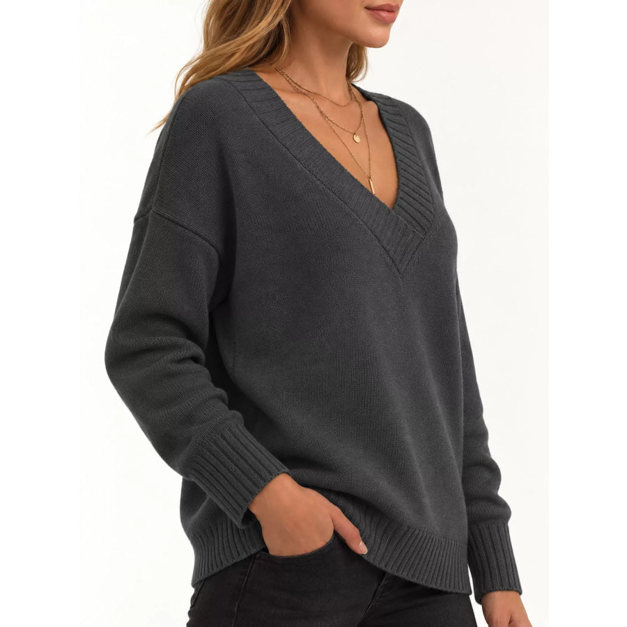 Full Size V-Neck Dropped Shoulder Sweater Plus Apparel and Accessories