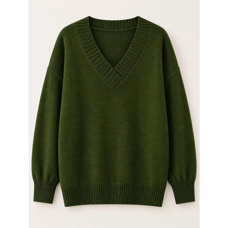 Full Size V-Neck Dropped Shoulder Sweater Plus Apparel and Accessories