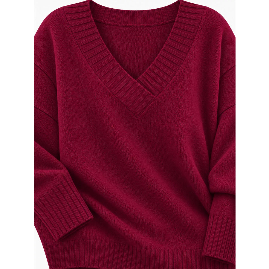 Full Size V-Neck Dropped Shoulder Sweater Plus Apparel and Accessories