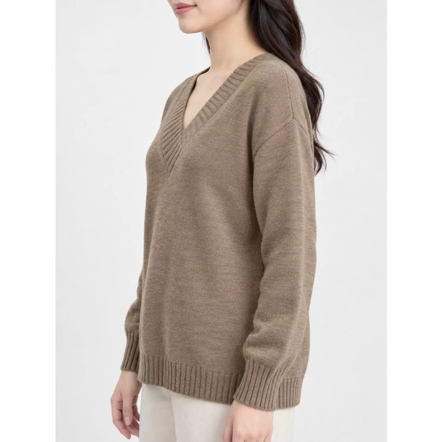 Full Size V-Neck Dropped Shoulder Sweater Plus Apparel and Accessories