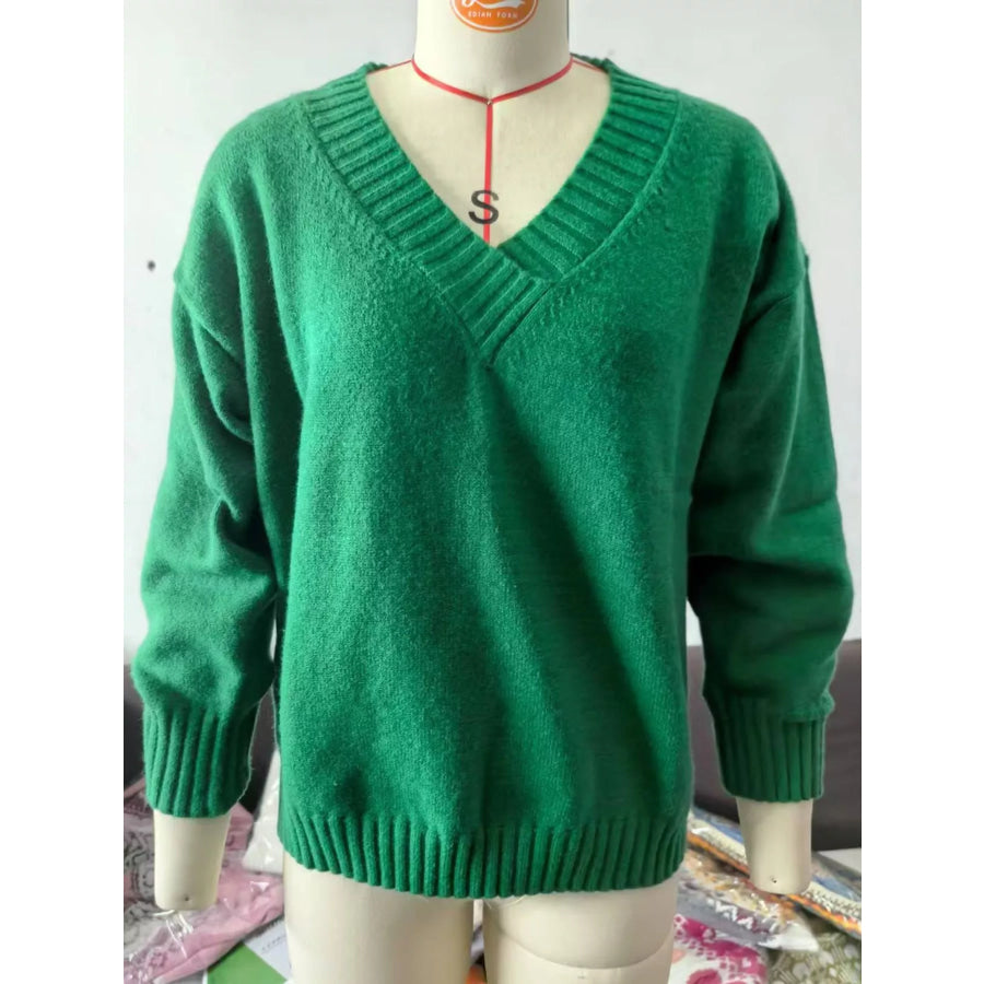 Full Size V-Neck Dropped Shoulder Sweater Plus Apparel and Accessories