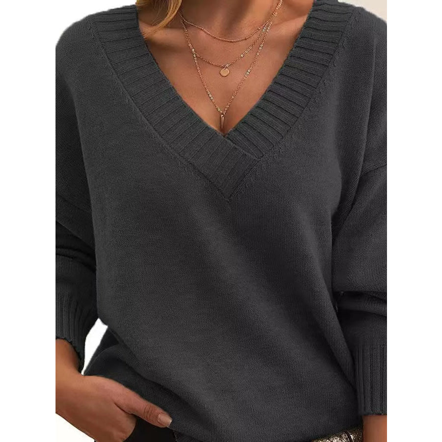 Full Size V-Neck Dropped Shoulder Sweater Plus Apparel and Accessories