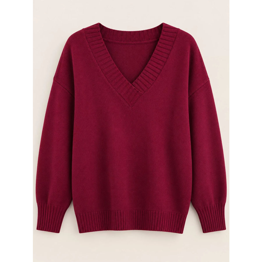 Full Size V-Neck Dropped Shoulder Sweater Plus Apparel and Accessories