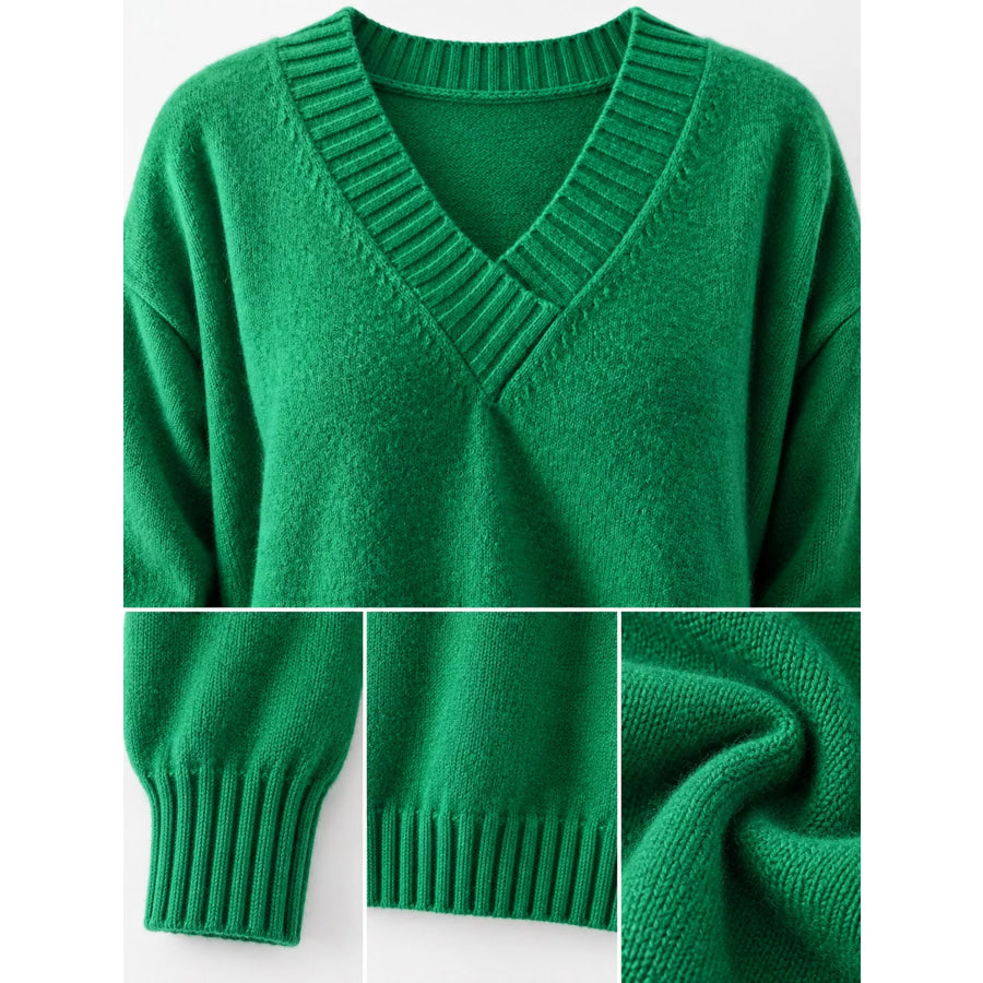 Full Size V-Neck Dropped Shoulder Sweater Plus Apparel and Accessories