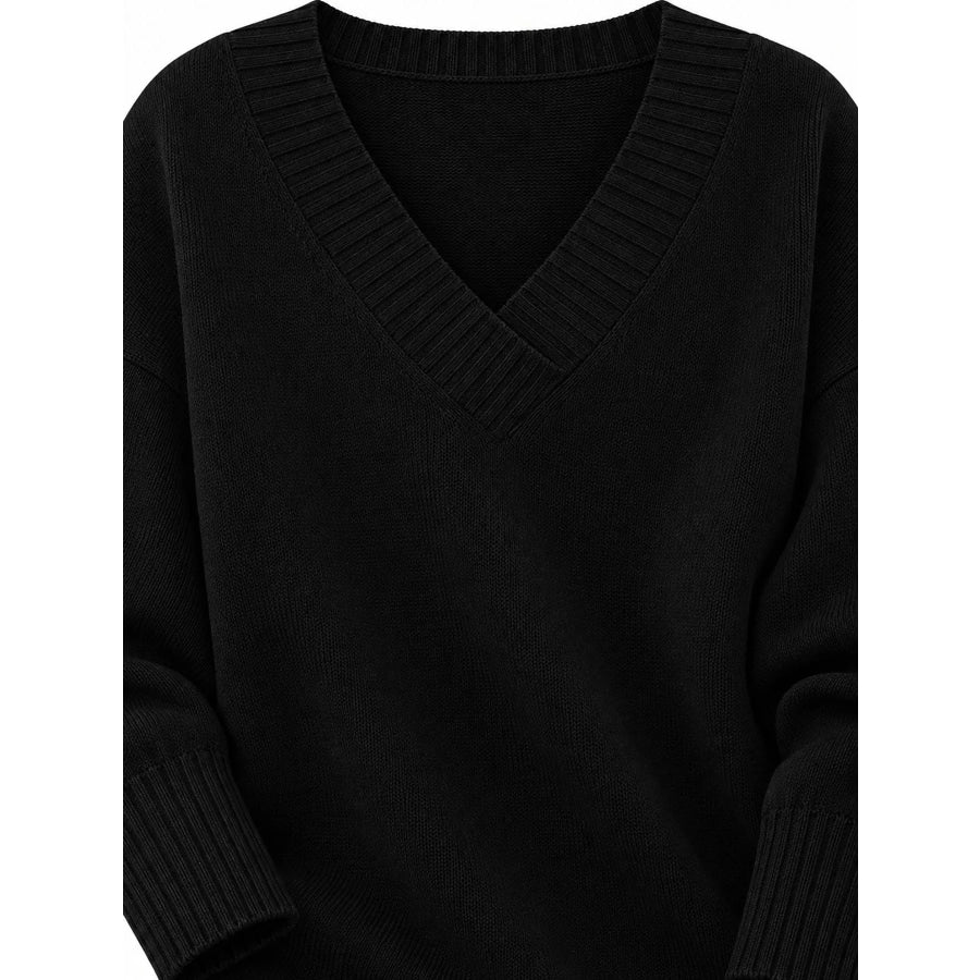 Full Size V-Neck Dropped Shoulder Sweater Plus Apparel and Accessories