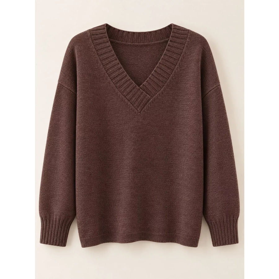 Full Size V-Neck Dropped Shoulder Sweater Plus Apparel and Accessories