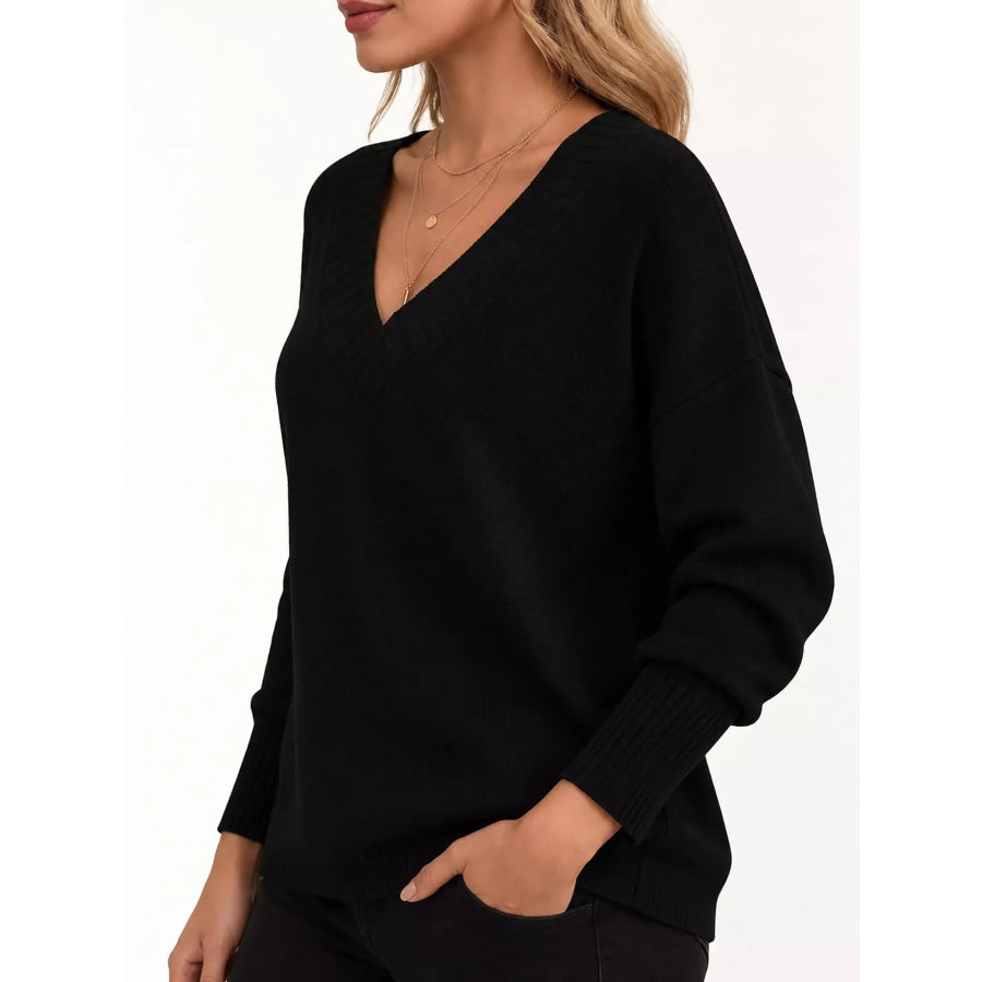 Full Size V-Neck Dropped Shoulder Sweater Plus Apparel and Accessories