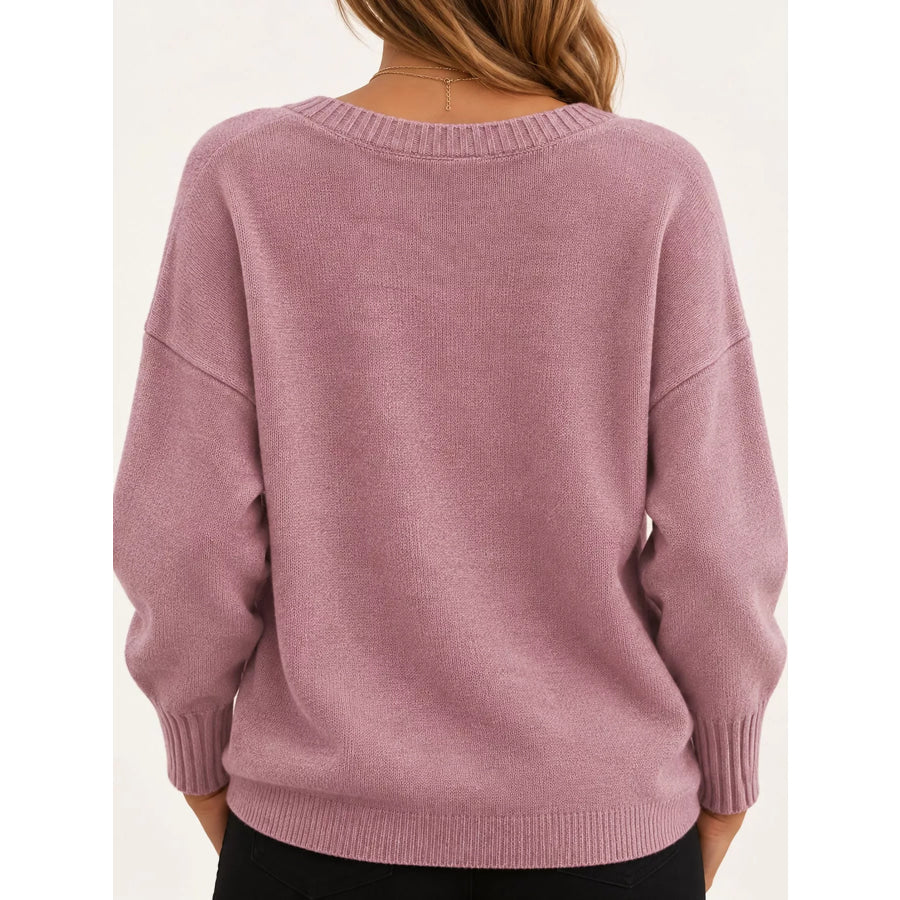 Full Size V-Neck Dropped Shoulder Sweater Plus Apparel and Accessories