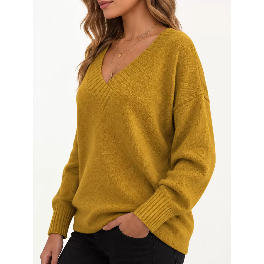 Full Size V-Neck Dropped Shoulder Sweater Plus Apparel and Accessories