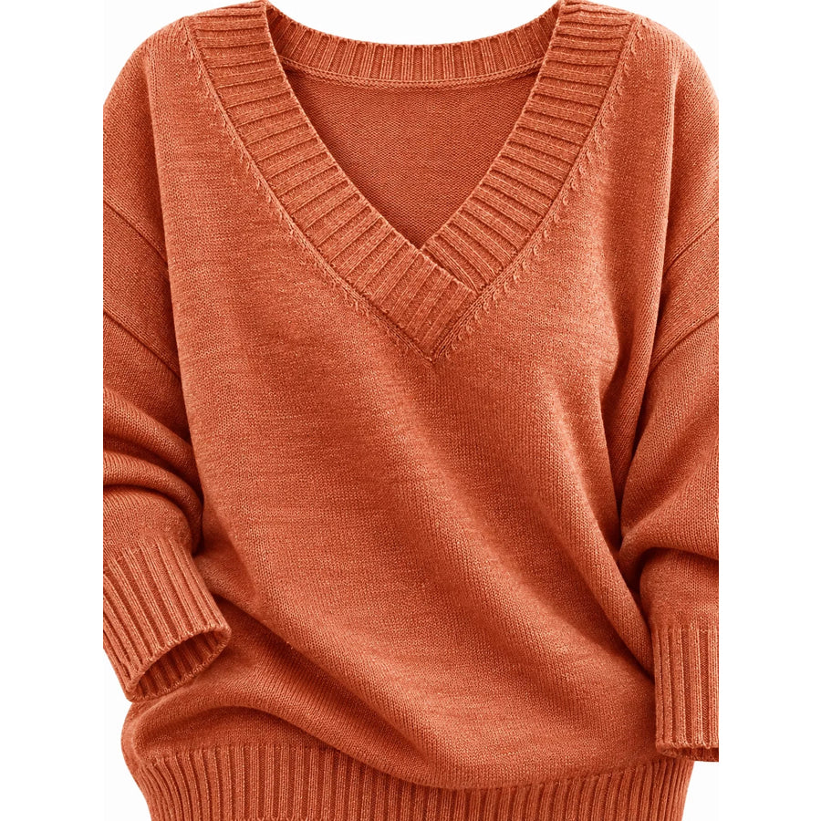 Full Size V-Neck Dropped Shoulder Sweater Plus Apparel and Accessories