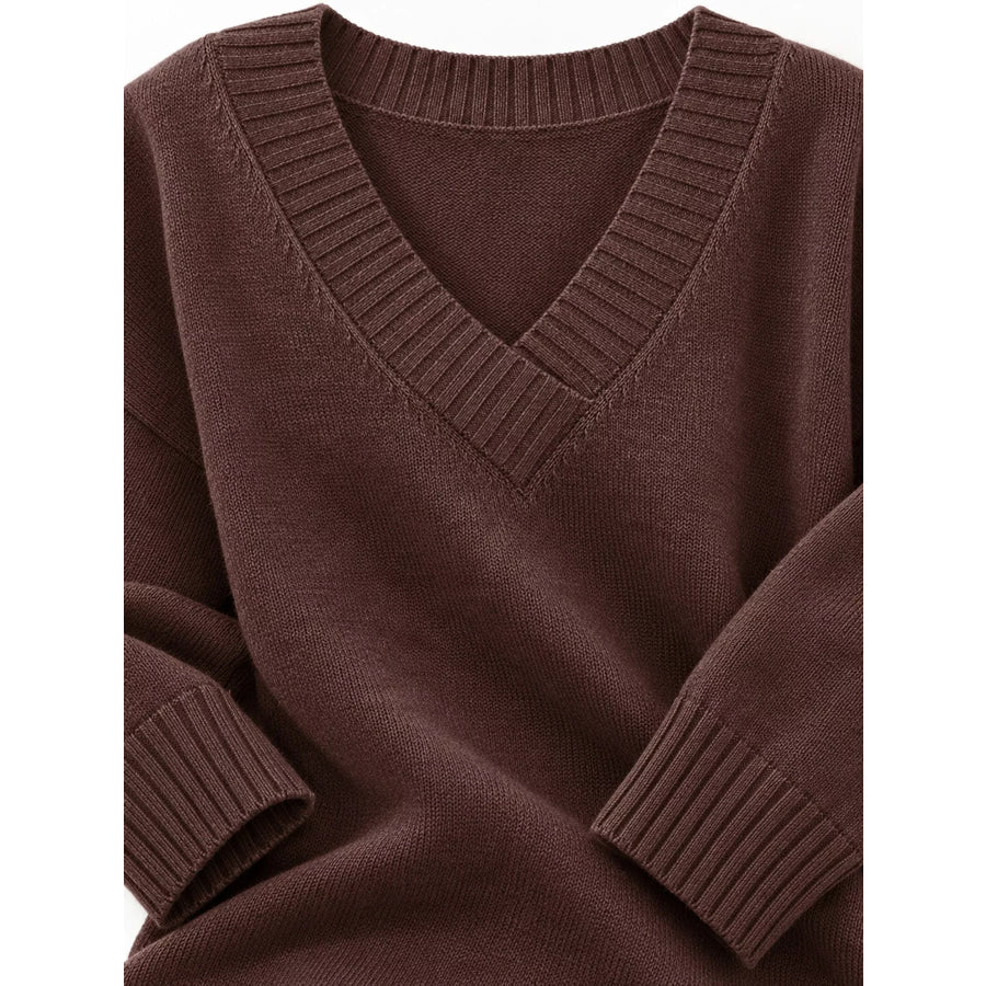 Full Size V-Neck Dropped Shoulder Sweater Plus Apparel and Accessories