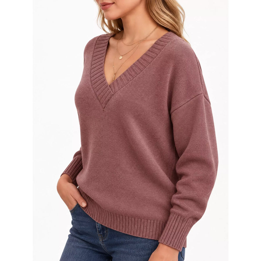 Full Size V-Neck Dropped Shoulder Sweater Plus Apparel and Accessories