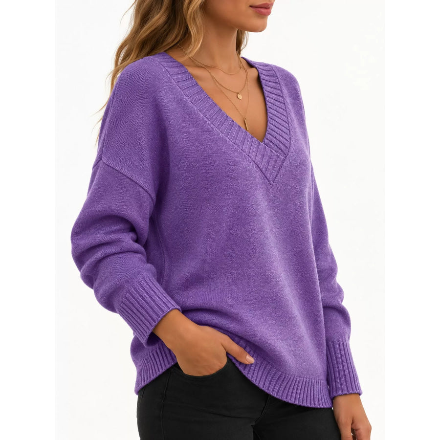 Full Size V-Neck Dropped Shoulder Sweater Plus Apparel and Accessories