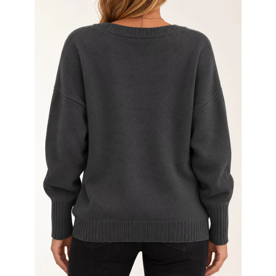 Full Size V-Neck Dropped Shoulder Sweater Plus Apparel and Accessories