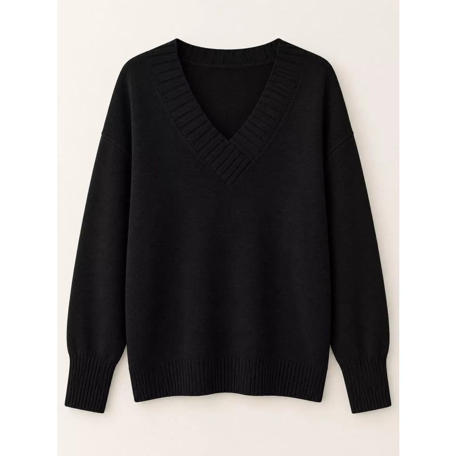 Full Size V-Neck Dropped Shoulder Sweater Plus Apparel and Accessories