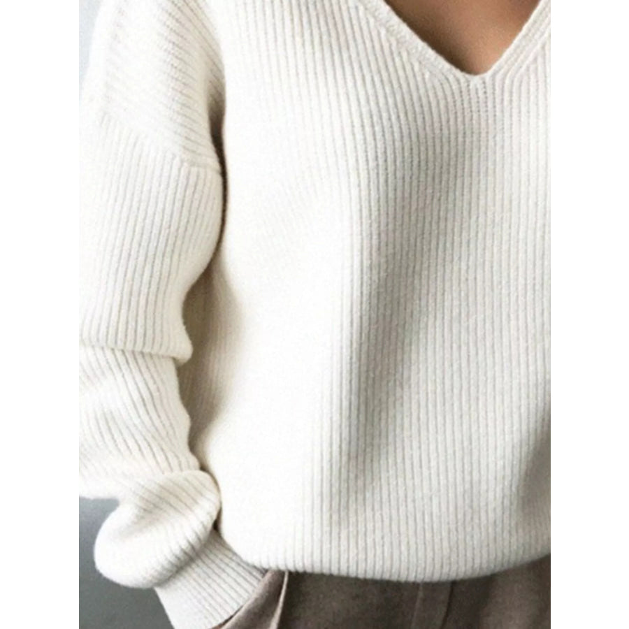 Full Size V-Neck Dropped Shoulder Sweater Plus Size Apparel and Accessories