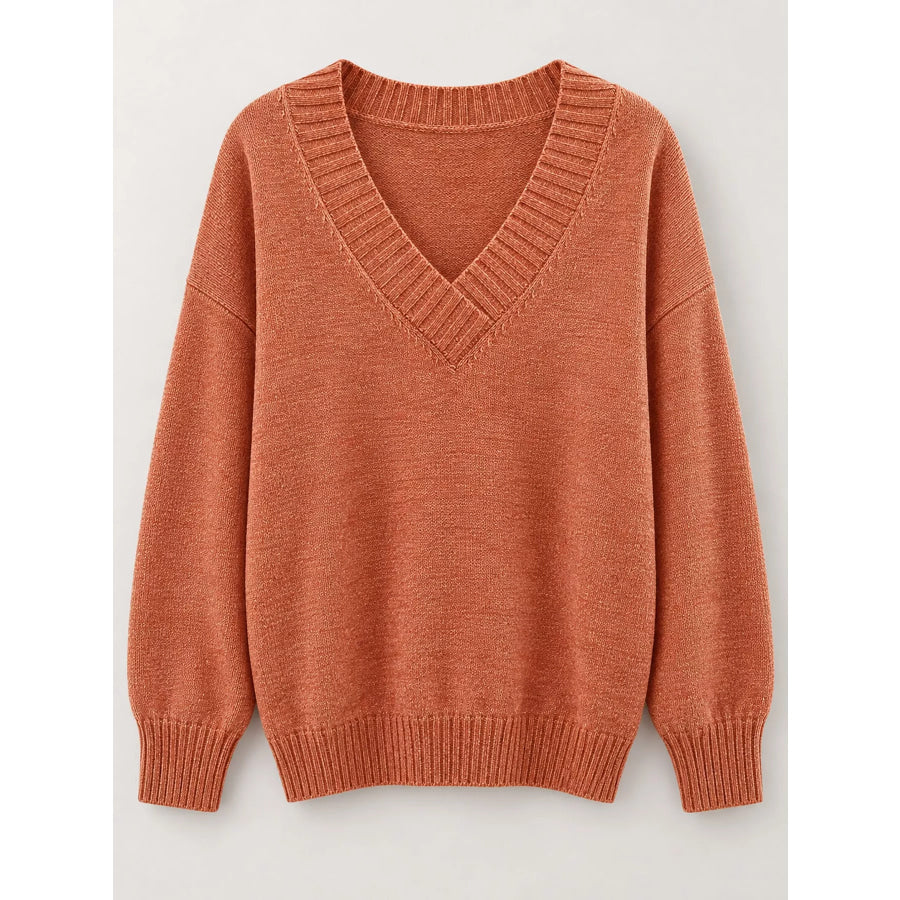 Full Size V-Neck Dropped Shoulder Sweater Plus Apparel and Accessories