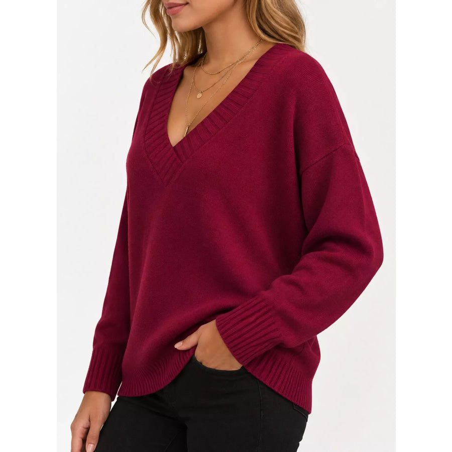 Full Size V-Neck Dropped Shoulder Sweater Plus Apparel and Accessories