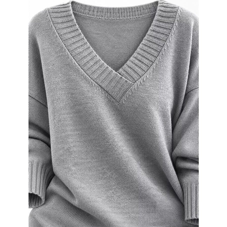 Full Size V-Neck Dropped Shoulder Sweater Plus Apparel and Accessories