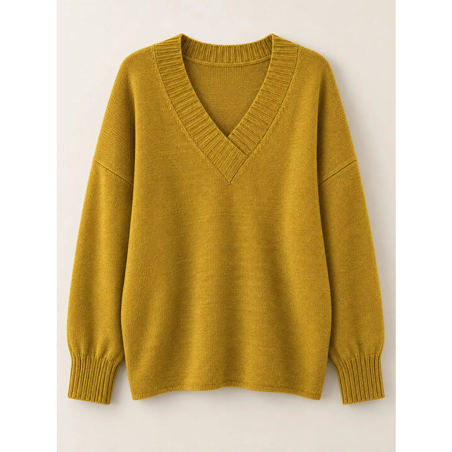 Full Size V-Neck Dropped Shoulder Sweater Plus Apparel and Accessories