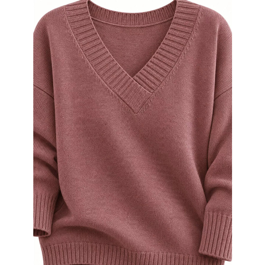 Full Size V-Neck Dropped Shoulder Sweater Plus Apparel and Accessories