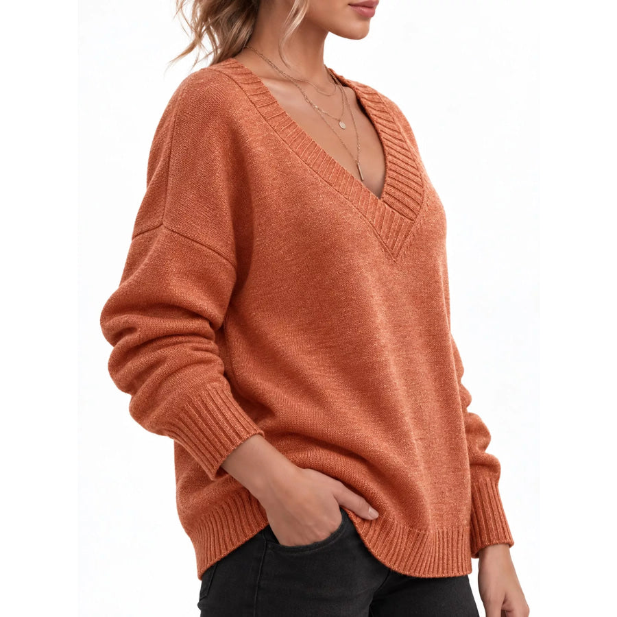 Full Size V-Neck Dropped Shoulder Sweater Plus Apparel and Accessories