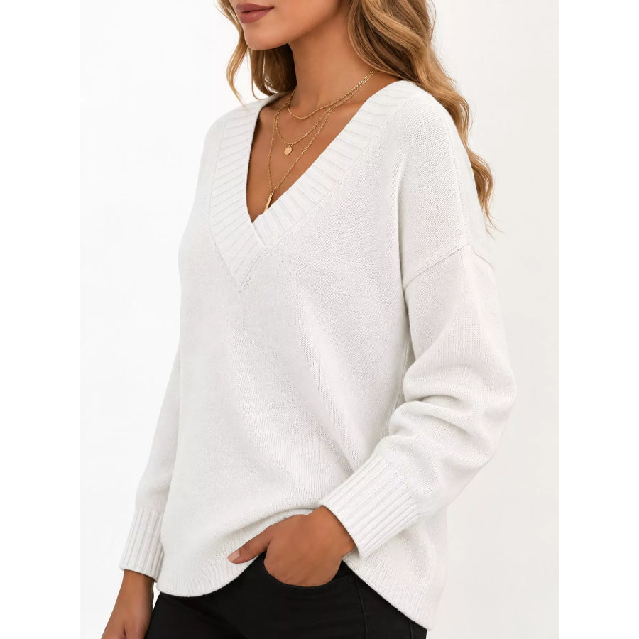 Full Size V-Neck Dropped Shoulder Sweater Plus Apparel and Accessories